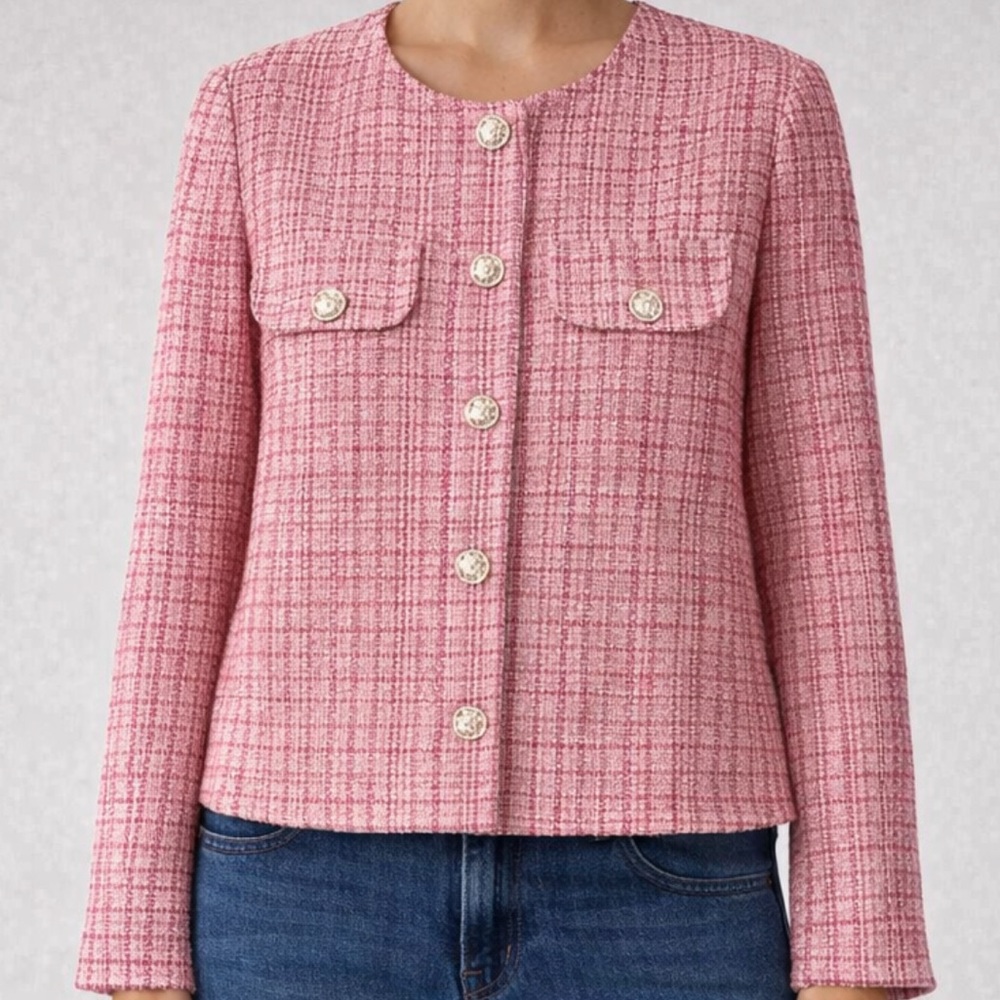 Pink Tweed Collarless Blazer Jacket